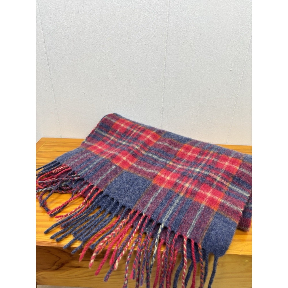 Vintage James Pringle Weavers 100% Wool Blue Salmon Plaid Scarf 62x12 Fringed
